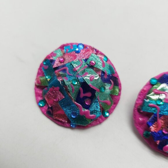 Vintage 1980s Round Statement Post Earrings Pink Green Blue Abstract Design - Picture 2 of 4